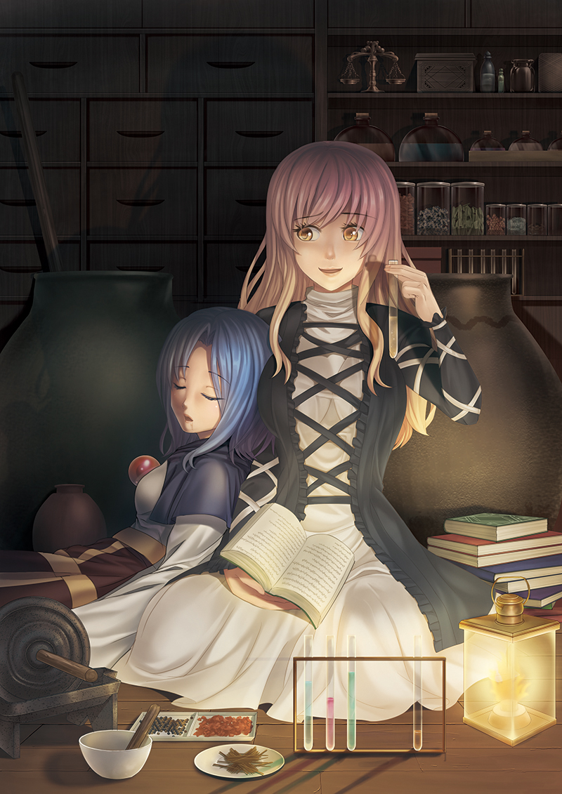 2girls, black_dress, blonde_hair, blue_hair, book, book_stack, breasts, capelet
