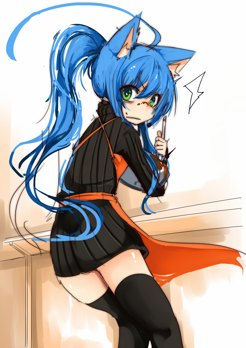 /\/\/\, 1girl, ahoge, animal_ears, apron, blue_hair, bowl, cat_ears