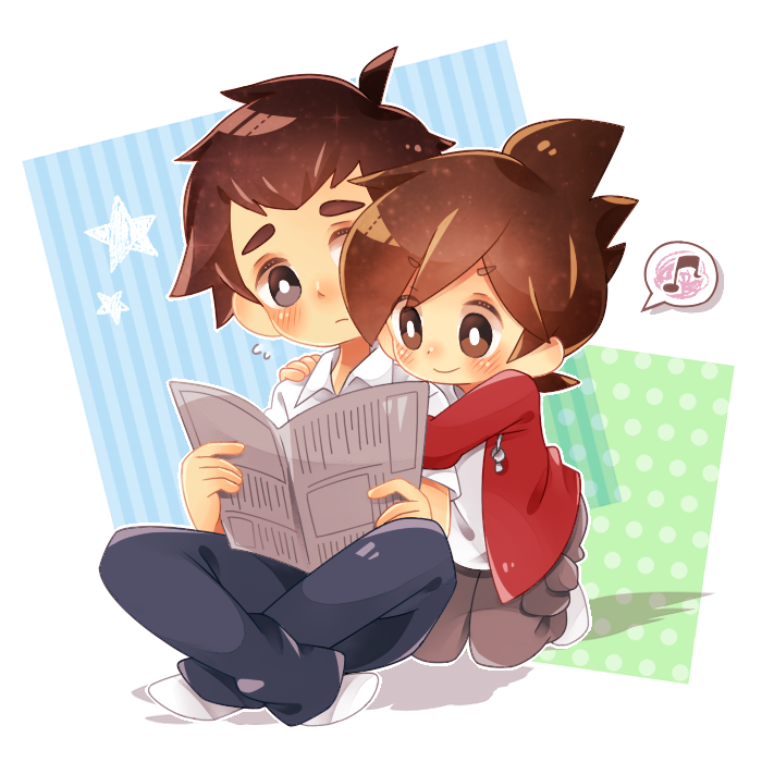 2boys, amano_keita, black_eyes, blush, brown_eyes, father_and_son, frown, indian_style, keita's_father, kneeling, male_focus, multiple_boys, musical_note, newspaper, nyaco, quaver, sitting, smile, spoken_musical_note, star, white_background, youkai_watch