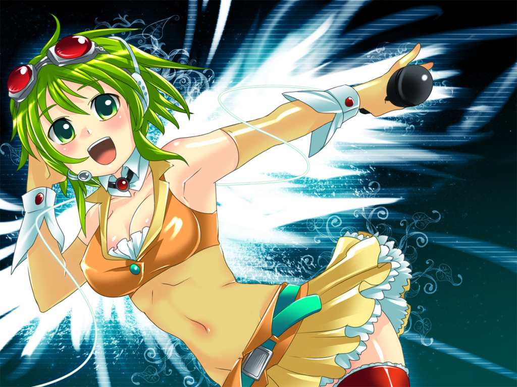 1024x768, :d, belt, blush, breasts, caffein, choker, cleavage, cuffs, elbow_gloves, frills, gloves, goggles, green_eyes, green_hair, gumi, hand_on_headphones, headphones, headset, megu_megu_fire_endless_night_(vocaloid), microphone, midriff, open_mouth, samfree_("night"_songs), see-through, short_hair, smile, solo, thighhighs, vocaloid, wallpaper, wings, wrist_cuffs, zettai_ryouiki