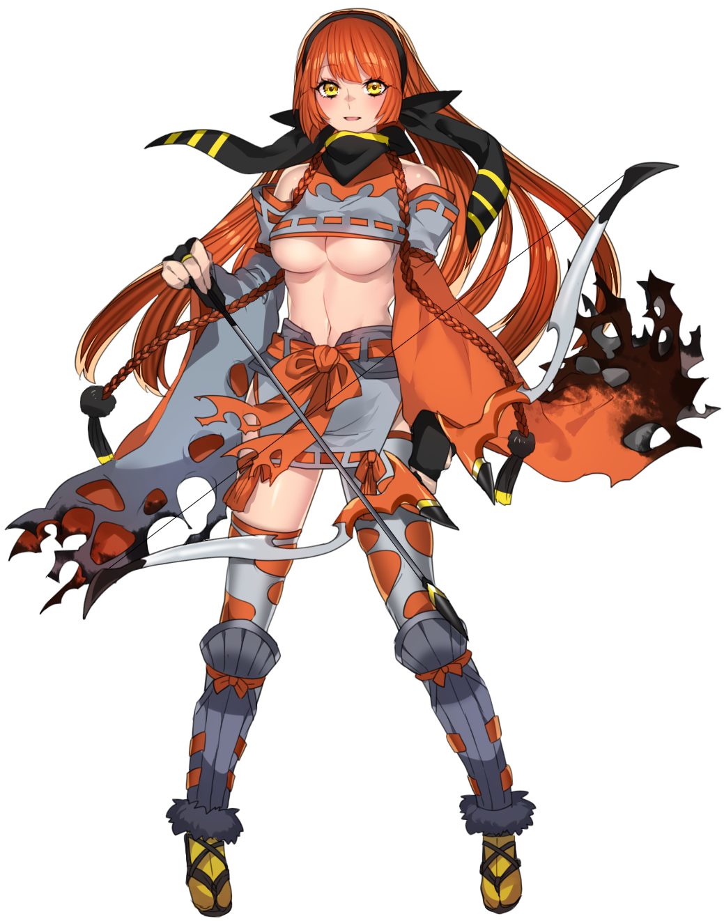 1girl, arrow, bare_shoulders, black_scarf, bow_(weapon), braid, breasts, crop_top