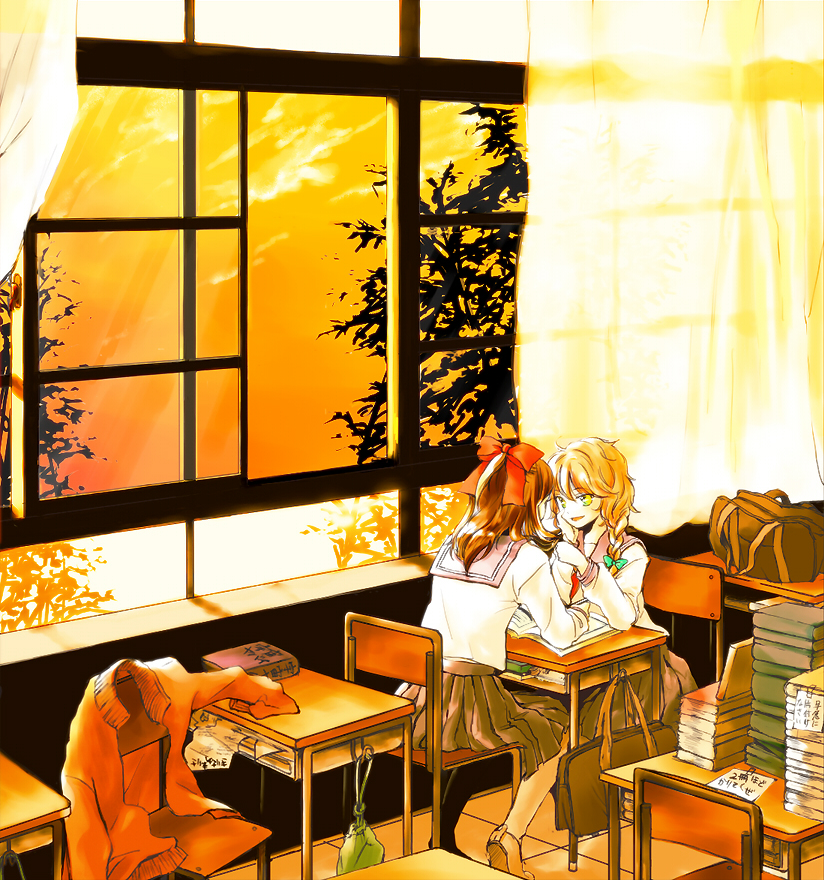 alternate_costume, arm_support, book, contemporary, desk, evening, hakurei_reimu, kirisame_marisa