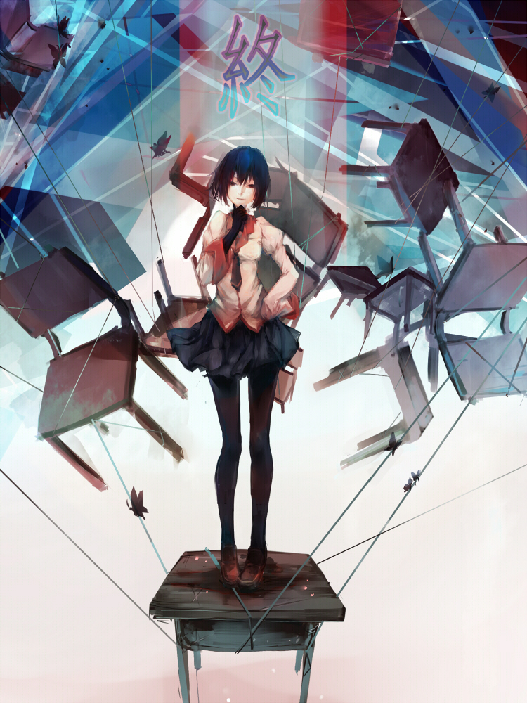 1girl, black_eyes, black_hair, chair, chong_(wjzcy6688), desk, monogatari_(series), oshino_ougi, owarimonogatari, pantyhose, school_desk, school_uniform, short_hair, sleeves_past_wrists, standing