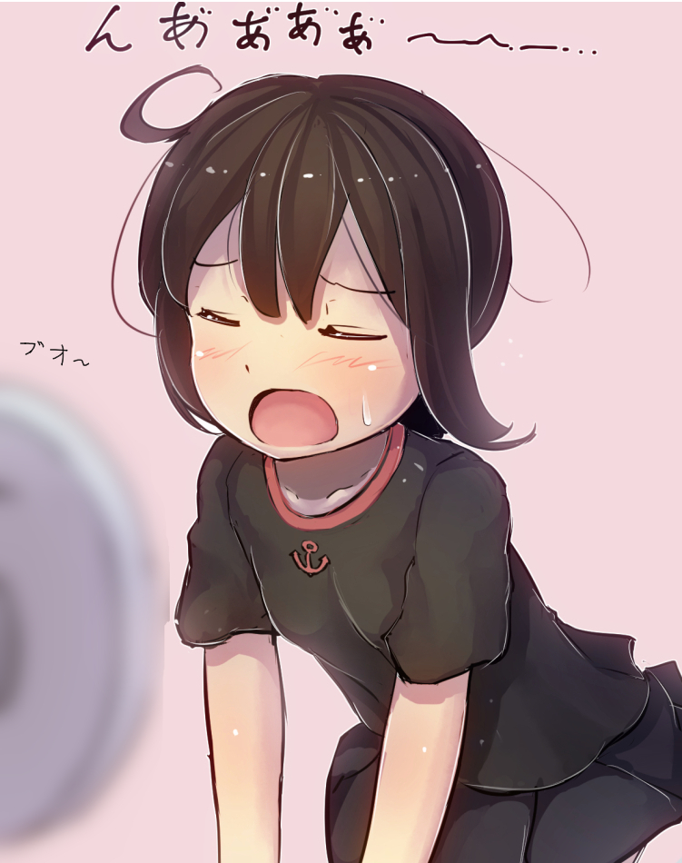 1girl, anchor_symbol, black_hair, blurry, closed_eyes, depth_of_field, electric_fan, fan_speaking