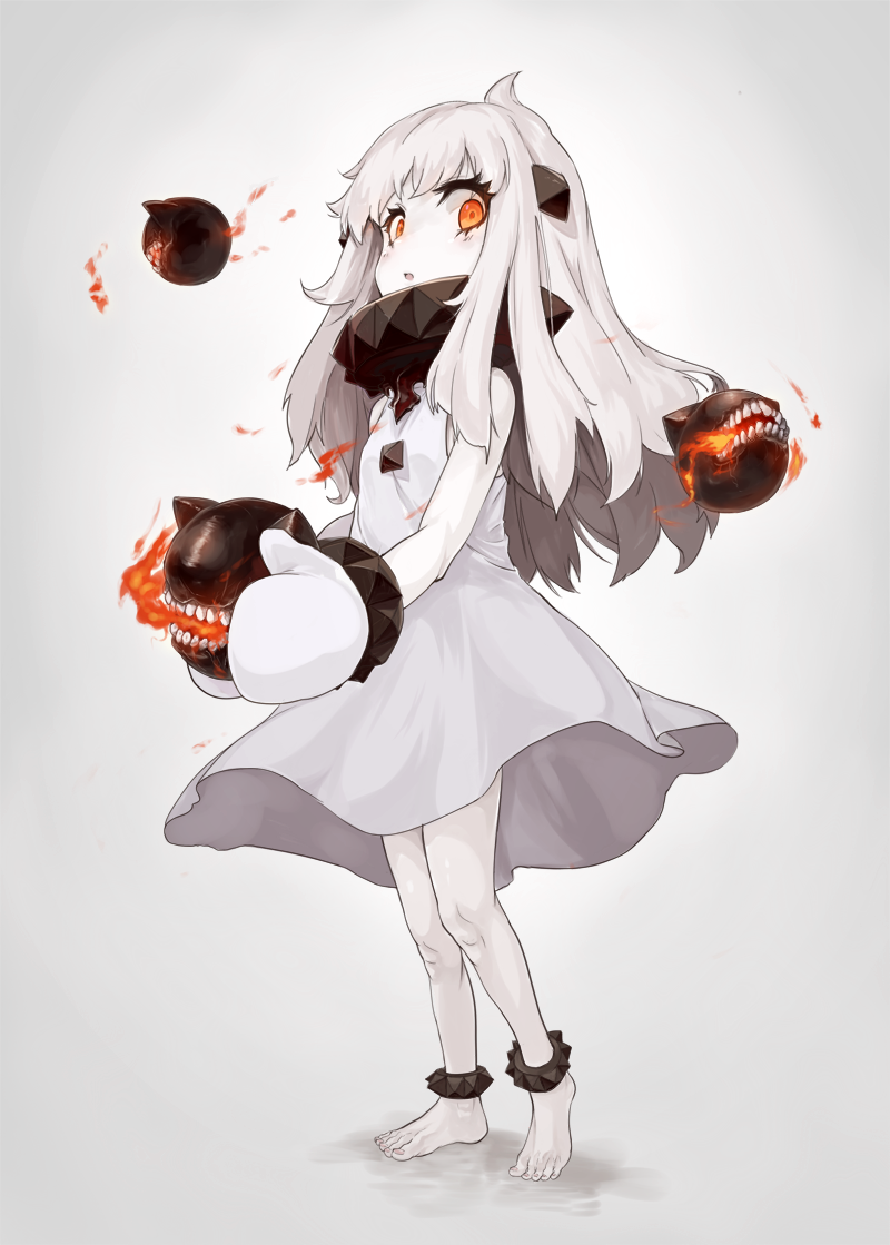 1girl, :o, ahoge, dress, full_body, horns, kantai_collection, kuzu_(miduhana), long_hair, looking_at_viewer, mittens, northern_ocean_hime, open_mouth, pale_skin, red_eyes, simple_background, solo, white_background, white_hair