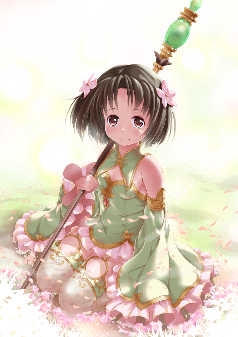1girl, bare_shoulders, black_hair, brown_eyes, detached_sleeves, flower, green_skirt, hair_flower, hair_ornament, kneeling, petals, reiha_(maplesugar), saria_(sennen_sensou_aigis), sennen_sensou_aigis, short_hair, skirt, smile, solo, staff, thigh-highs, white_legwear