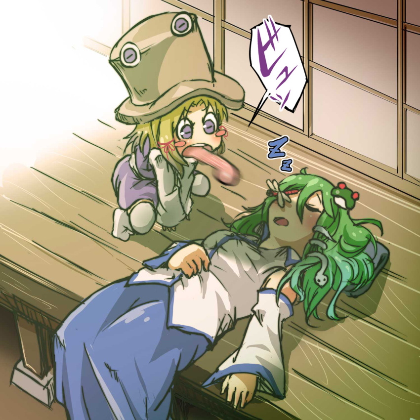 2girls, blonde_hair, blush_stickers, chamaji, detached_sleeves, dragonfly, frog_hair_ornament, green_hair, hair_ornament, hat, highres, insect_on_nose, kochiya_sanae, long_sleeves, long_tongue, lying, moriya_suwako, multiple_girls, on_back, shirt, skirt, sleeping, snake_hair_ornament, squatting, tongue, tongue_out, touhou, veranda, violet_eyes, wide_sleeves