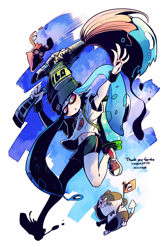1boy, 1girl, 1other, beanie, bike_shorts, domino_mask, flag, hat