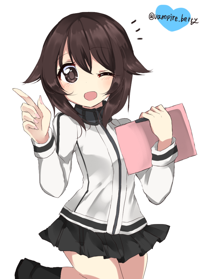1girl, black_hair, black_skirt, breasts, brown_hair, clipboard, grey_eyes, hayasui_(kantai_collection)