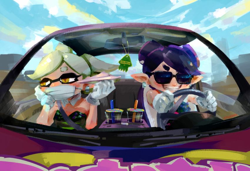 2girls, black_hair, callie_(splatoon), car, cup, earrings, grin, jewelry