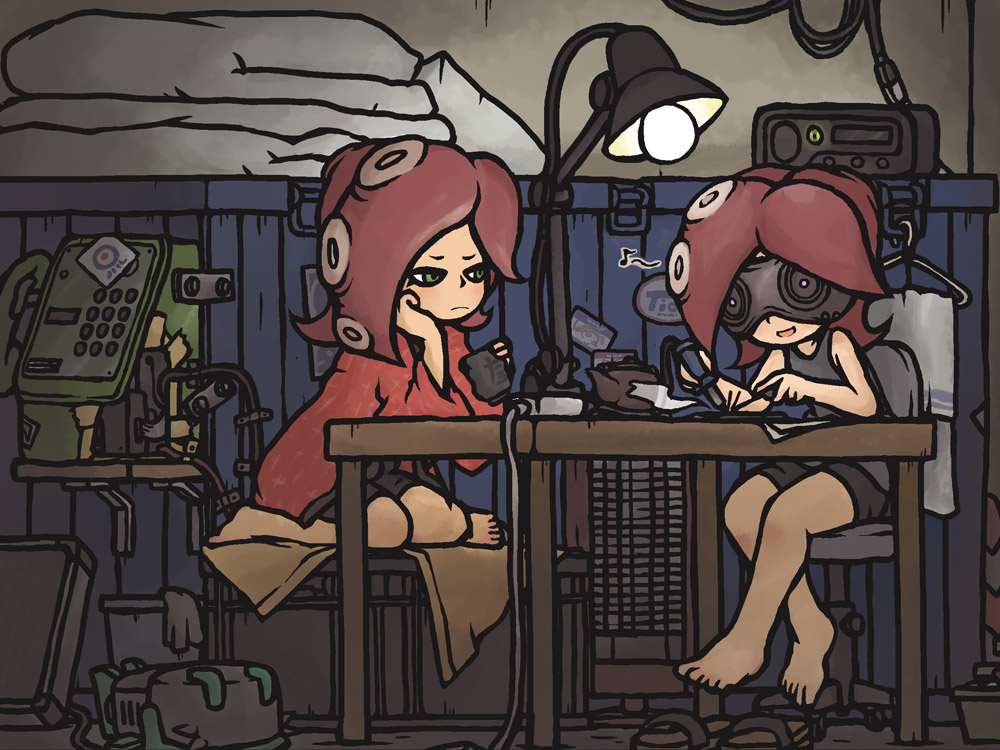 2girls, aozakana_zabaano, bike_shorts, chair, clothes_hanger, cup, domino_mask, goggles, heater, lamp, mask, multiple_girls, octarian, open_mouth, phone, radio, redhead, sandals, sitting, soldering, soldering_iron, splatoon, sticker, takozonesu, teacup, teapot, tentacle_hair, towel