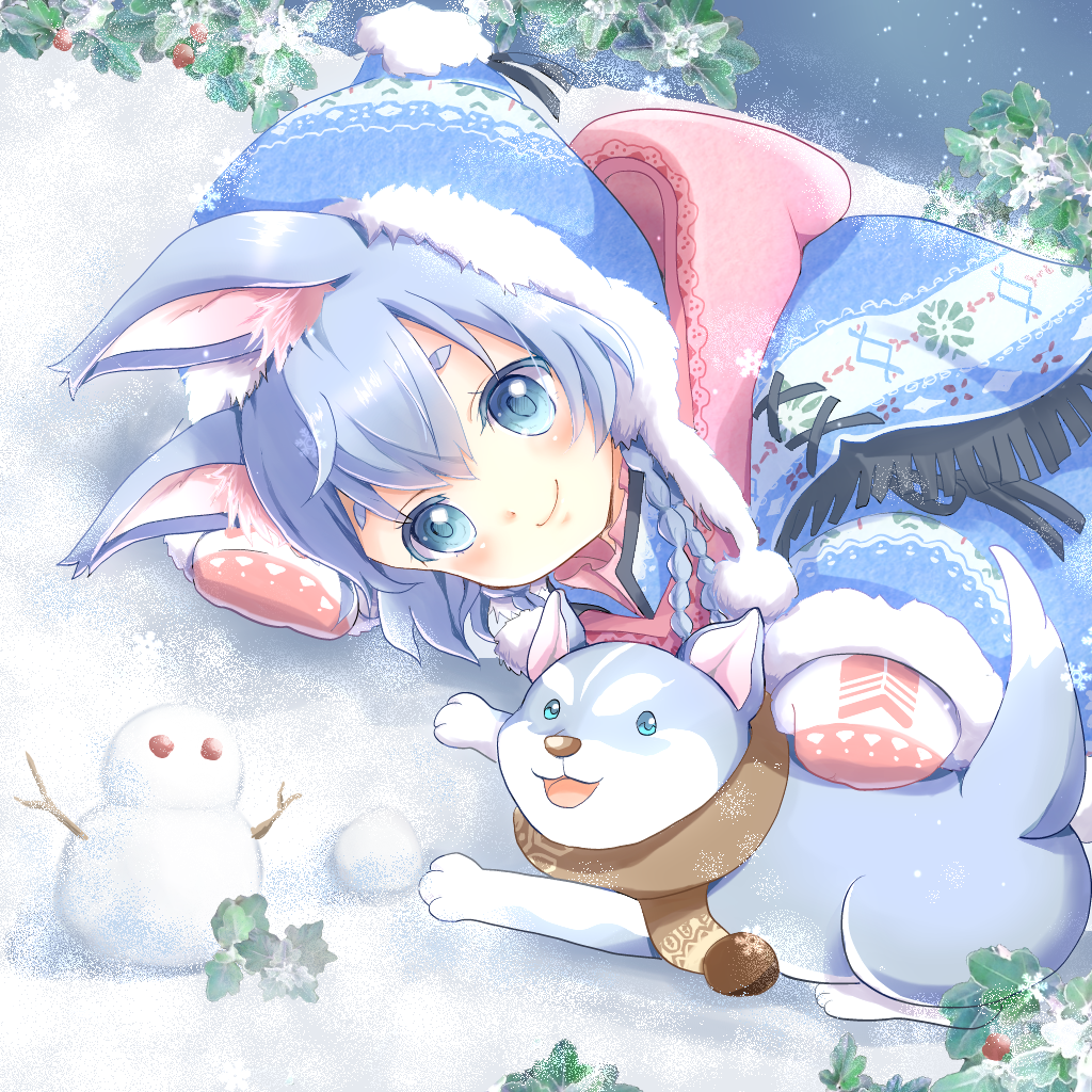 1girl, animal, animal_ears, blue_eyes, blue_hair, braid, dog, dog_ears