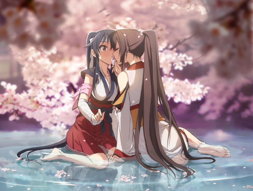 2girls, barefoot, black_hair, blush, breasts, brown_hair, cherry_blossoms, closed_eyes
