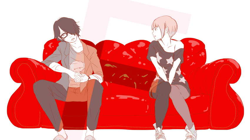 chama_kou, closed_eyes, couch, glasses, hair_over_one_eye, highres, nishinosono_moe, pout