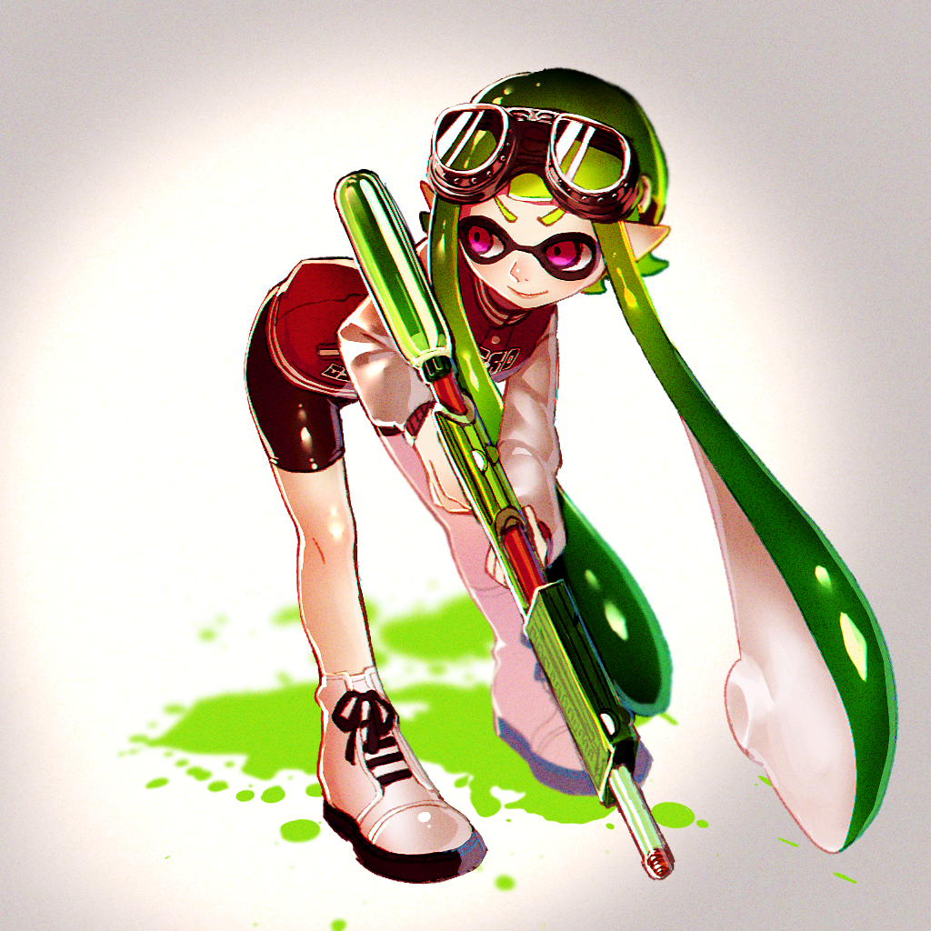 1girl, bike_shorts, chromatic_aberration, domino_mask, goggles, inkling, jacket, long_hair