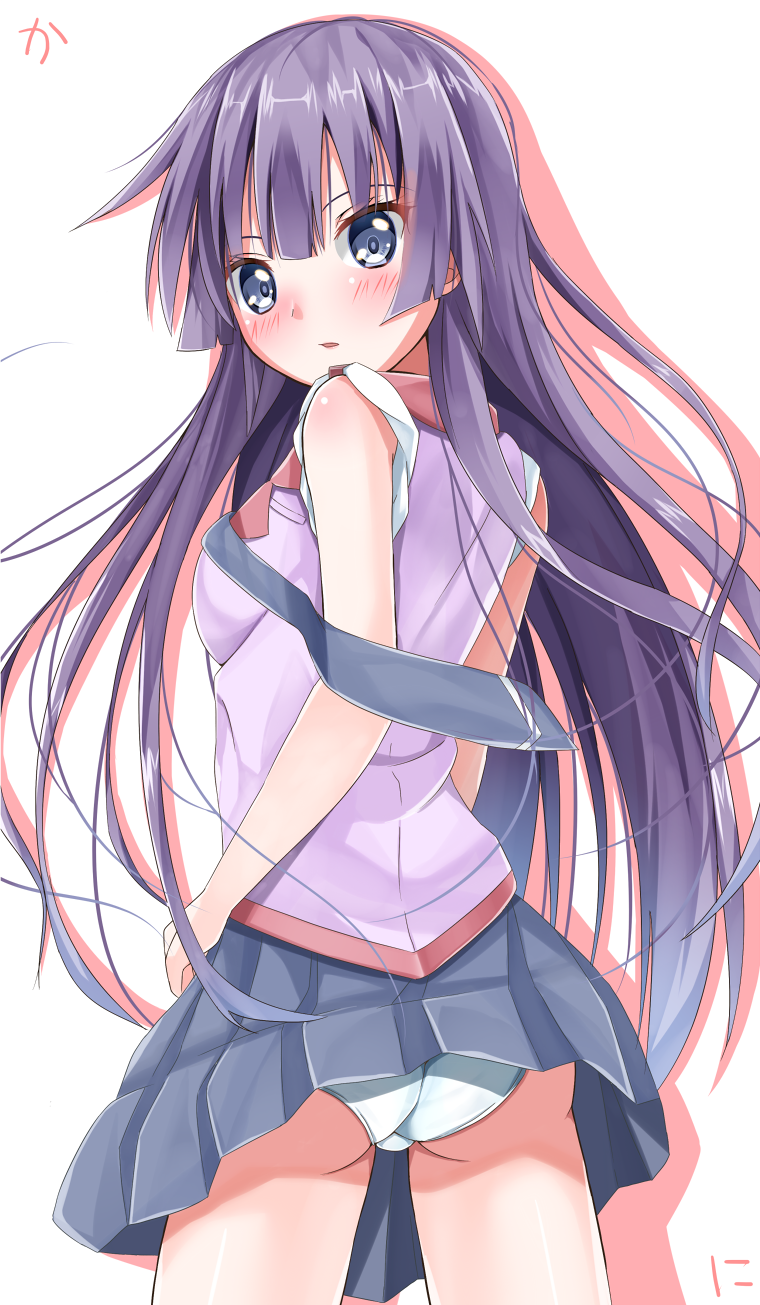 1girl, amagami_rukichi, ass, bakemonogatari, blue_eyes, from_behind, highres, long_hair, monogatari_(series), necktie, panties, pantyshot, purple_hair, school_uniform, senjougahara_hitagi, thigh-highs, underwear