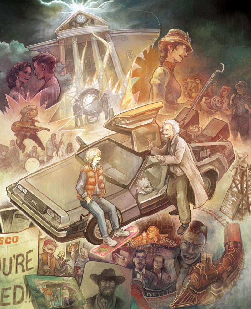back_to_the_future, band, building, car, clock, cowboy_hat, delorean, double_bass