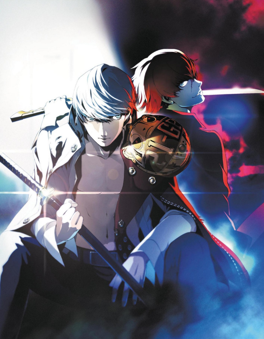 2boys, ass, belt, blue_eyes, grey_eyes, grey_hair, highres, katana