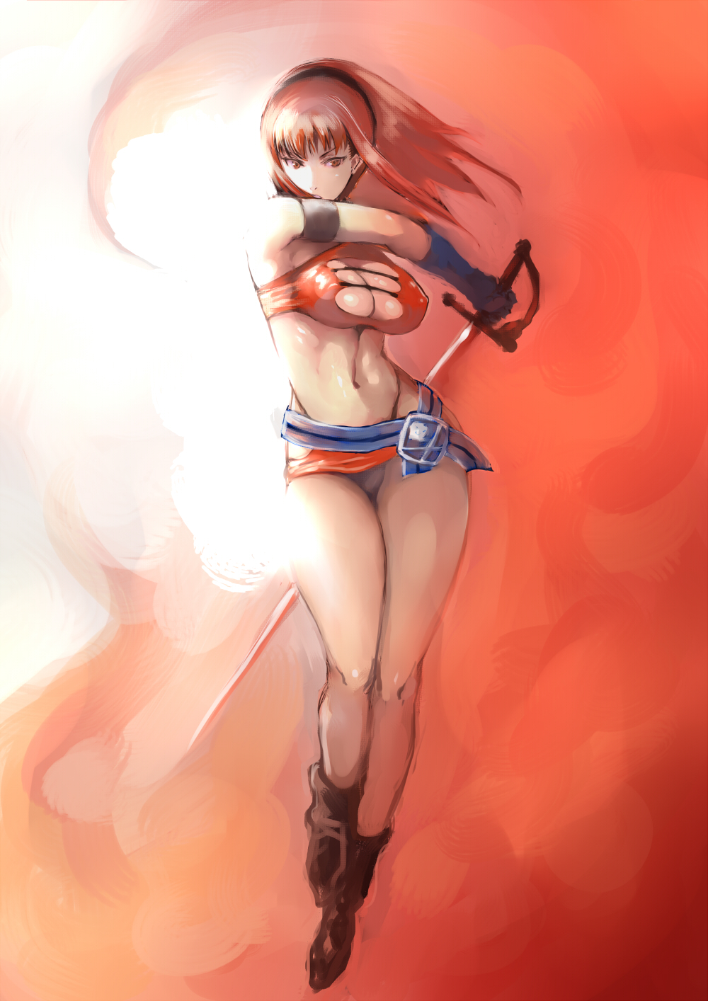 1girl, ankle_boots, armband, blue_gloves, boots, breasts, brown_eyes, brown_hair