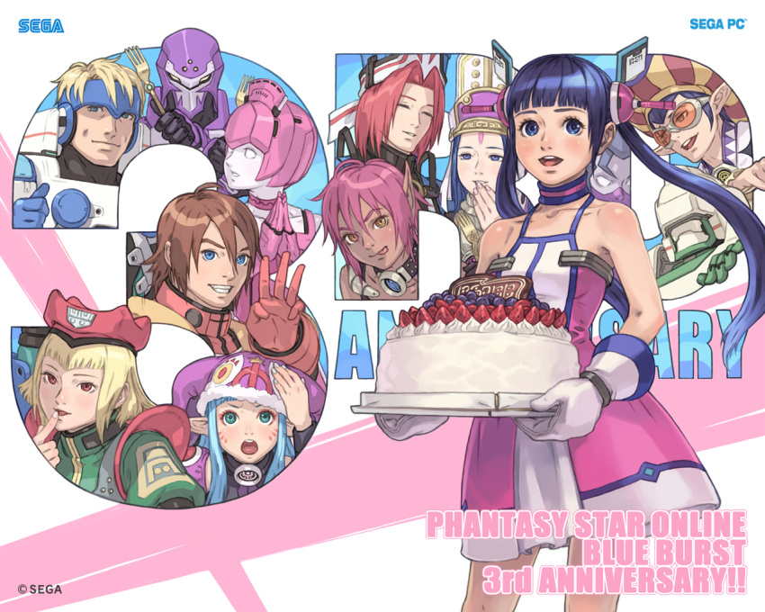 5girls, 6+boys, akikazu_mizuno, blonde_hair, blue_eyes, blue_hair, brown_hair, cake