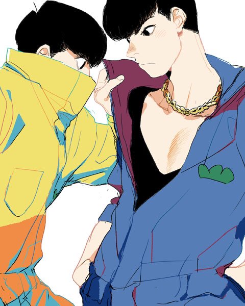 2boys, black_hair, brothers, chain, chain_necklace, engraulis, hands_in_pockets, high_collar, jewelry, jumpsuit, jyushimatsu, karamatsu, male_focus, multiple_boys, necklace, osomatsu-kun, osomatsu-san, popped_collar, siblings, simple_background, t-shirt, v-neck, white_background