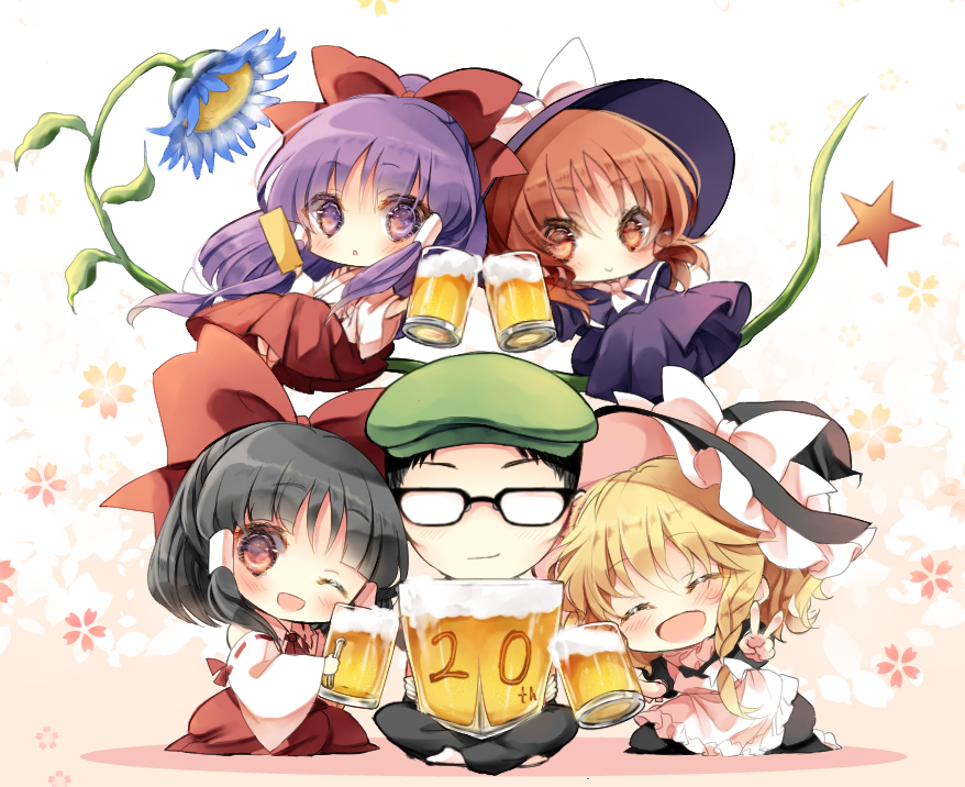 1boy, 4girls, alcohol, anniversary, apron, beer, beer_mug, black_hair, blonde_hair, blush, bow, braid, brown_eyes, brown_hair, capelet, detached_sleeves, flower, glasses, hair_bow, hair_tubes, hakurei_reimu, hakurei_reimu_(pc-98), hat, hat_bow, indian_style, japanese_clothes, kirisame_marisa, kirisame_marisa_(pc-98), long_sleeves, miko, multiple_girls, open_mouth, piyokichi, purple_hair, red_eyes, single_braid, sitting, smile, spell_card, star, touhou, touhou_(pc-98), v, violet_eyes, waist_apron, wide_sleeves, witch_hat
