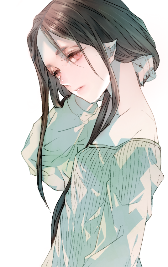 1girl, black_hair, kface, long_hair, original, pointy_ears, red_eyes, solo