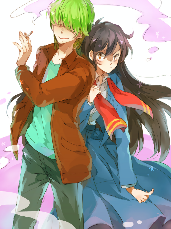 1boy, 1girl, amano_jako, bangs, black_hair, cigarette, green_hair, hair_over_eyes