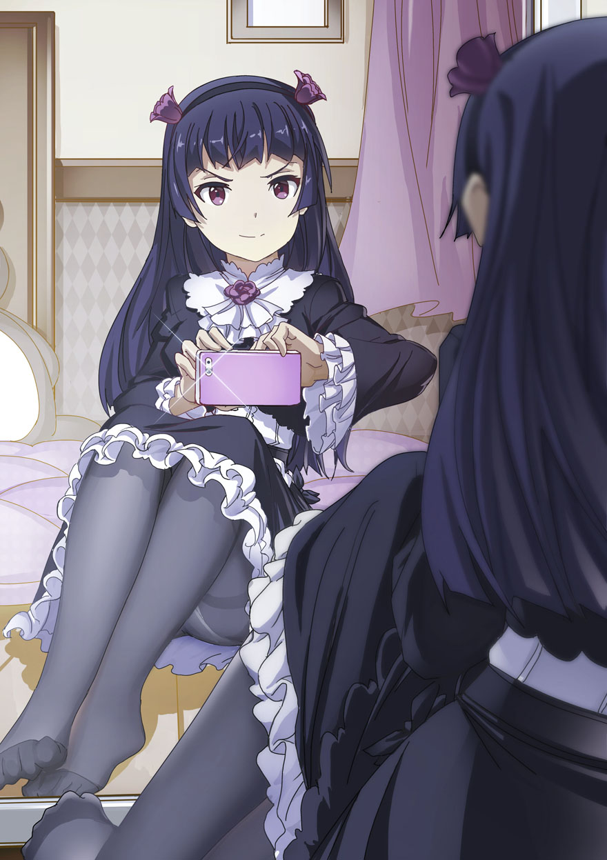 >:), 1girl, black_hair, black_legwear, blush, cellphone, dress, gokou_ruri