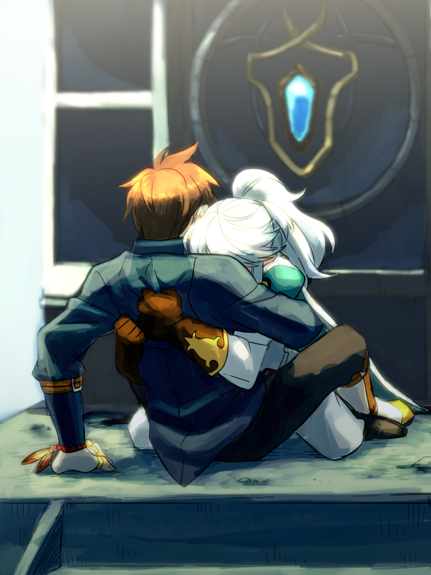 2boys, brown_hair, gloves, hug, long_hair, male_focus, mikleo_(tales), multiple_boys