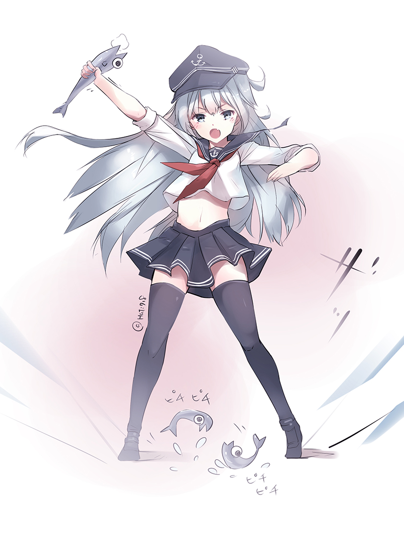 1girl, blue_eyes, fish, hachimitsu_(hati718), hat, hibiki_(kantai_collection), kantai_collection, long_hair