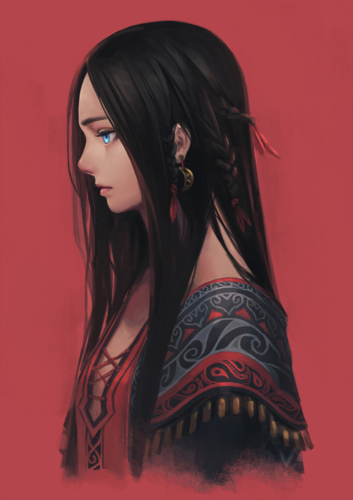 1girl, black_hair, blue_eyes, braid, crescent, crescent_earrings, earrings, ggg_(ted08191)