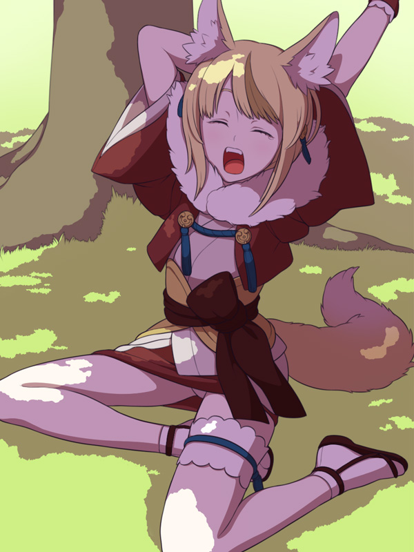 1girl, animal_ears, blonde_hair, brown_hair, closed_eyes, fire_emblem, fire_emblem_if, fox_ears, fox_tail, kinu_(fire_emblem_if), lingerie, multicolored_hair, open_mouth, solo, tail, tree, two-tone_hair, underwear, zo_ku_naga