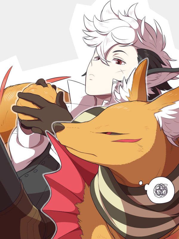 2boys, animal_ears, black_hair, fire_emblem, fire_emblem_if, flannel_(fire_emblem_if), fox, gloves, multicolored_hair, multiple_boys, nishiki_(fire_emblem_if), red_eyes, scar, tail, two-tone_hair, white_hair, wolf_ears, zo_ku_naga