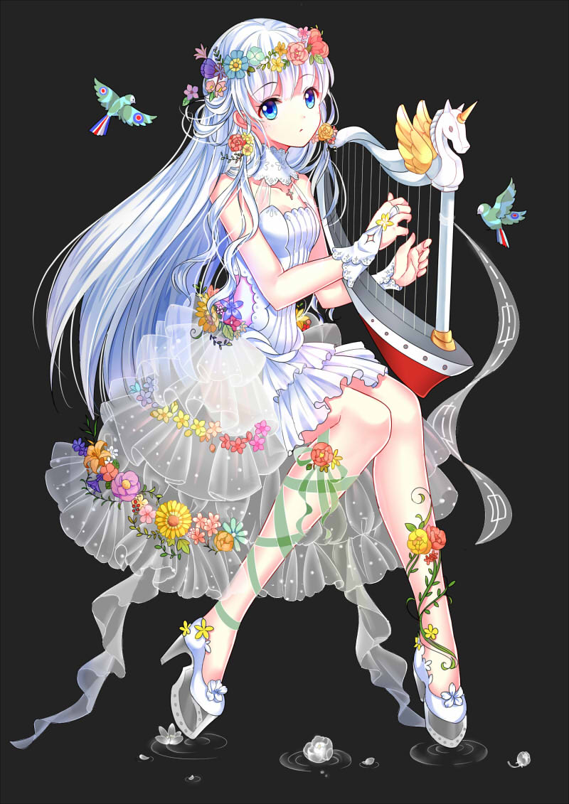 1girl, bird, blue_eyes, dress, harp, high_heels, instrument, long_hair