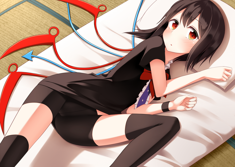 1girl, asymmetrical_wings, bike_shorts, black_dress, black_hair, black_legwear, blush, dress