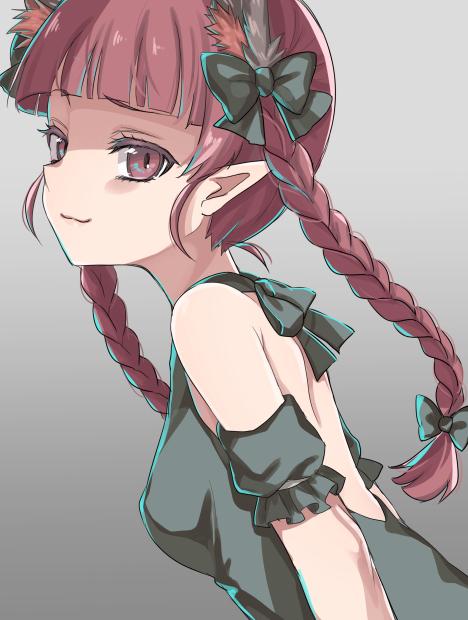 1girl, alternate_costume, animal_ears, asa_(coco), back, back_cutout, bow, braid, cat_ears, detached_sleeves, dress, extra_ears, gradient, gradient_background, green_dress, hair_bow, hair_ribbon, kaenbyou_rin, long_hair, looking_at_viewer, pointy_ears, puffy_sleeves, red_eyes, redhead, ribbon, short_sleeves, smile, solo, touhou, twin_braids