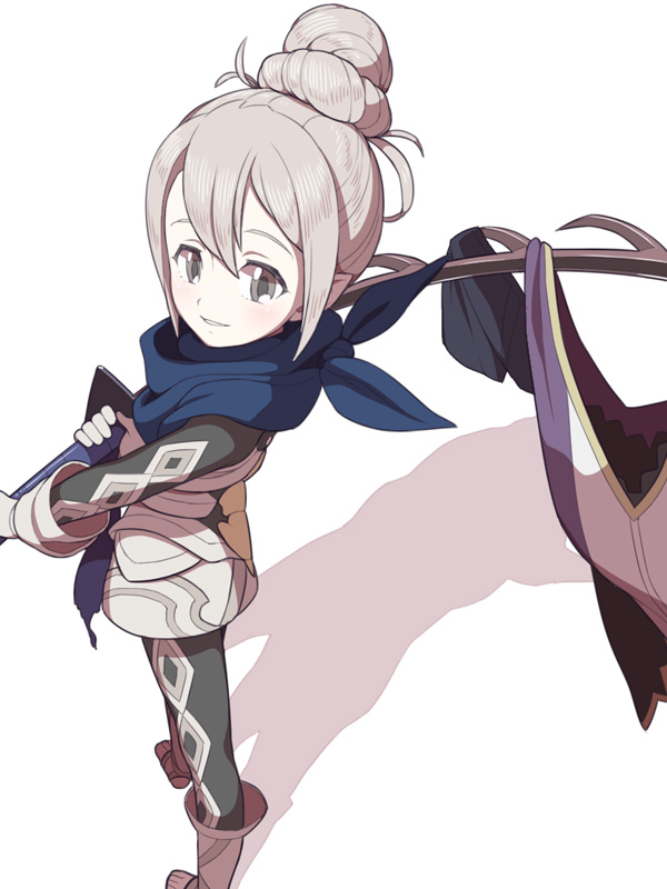 1girl, blush, boots, fire_emblem, fire_emblem_if, gloves, grey_eyes, hair_bun