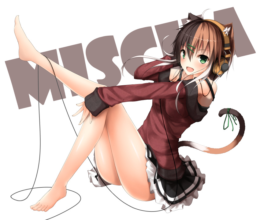 1girl, absurdres, animal_ears, bare_shoulders, barefoot, brown_hair, cat_ears, green_eyes