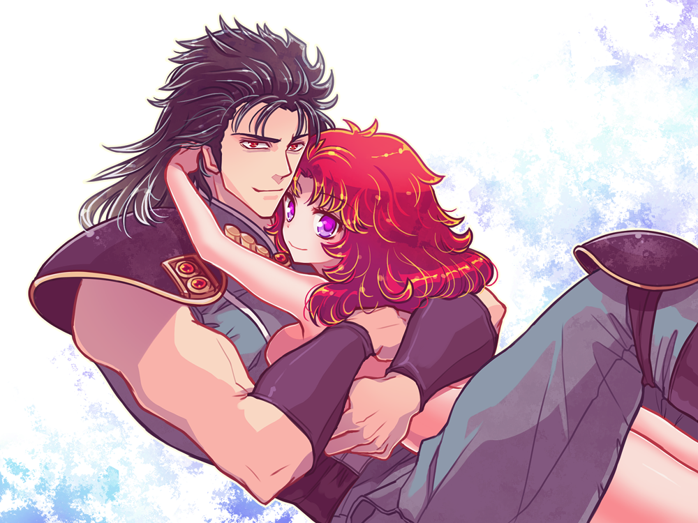 1boy, 1girl, black_hair, couple, hetero, hokuto_no_ken, hug, long_hair