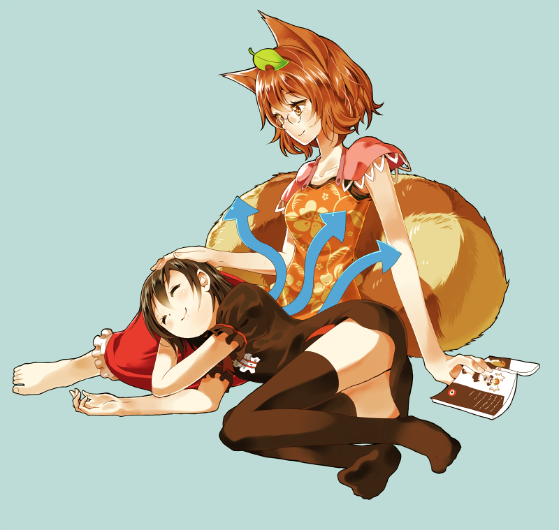 2girls, animal_ears, black_hair, black_legwear, book, brown_eyes, brown_hair, danzero