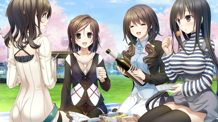 4girls, aikawa_arisa_(kissart), black_eyes, black_hair, black_legwear, blue_eyes, blush, bottle