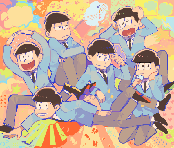 >_<, 6+boys, :3, black_hair, brothers, cellphone, choromatsu, closed_eyes