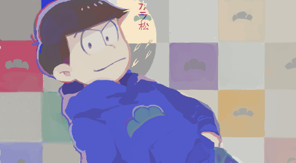 1boy, character_name, checkered, checkered_background, dutch_angle, hands_in_pockets, hoodie, karamatsu