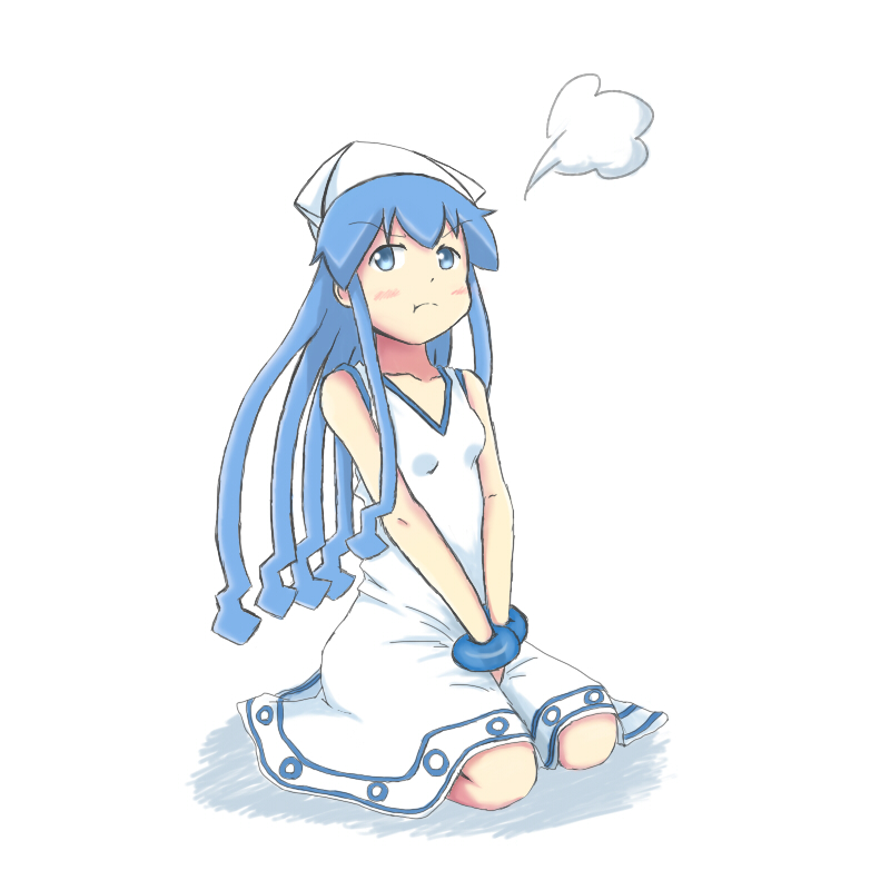 1girl, between_legs, blue_eyes, blue_hair, dress, hand_between_legs, hat, ikamusume