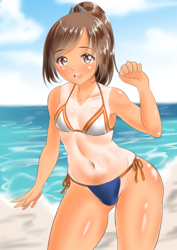 1girl, adapted_costume, bikini, brown_eyes, brown_hair, i-401_(kantai_collection), kantai_collection, kasugano_tobari