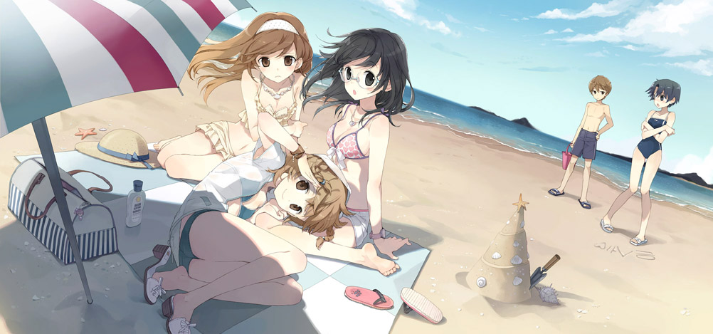 annyeong_we_are_peanuts, barefoot, beach, bikini, black_eyes, black_hair, brown_eyes, brown_hair
