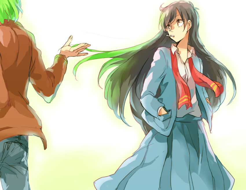 1boy, 1girl, amano_jako, black_hair, brown_eyes, cigarette, green_hair, hand_in_pocket