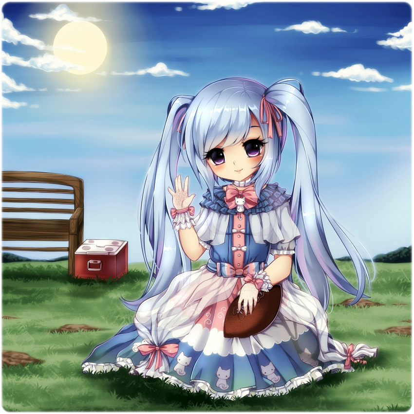 1girl, bench, blue_dress, blue_hair, blue_sky, blush, bowtie, box