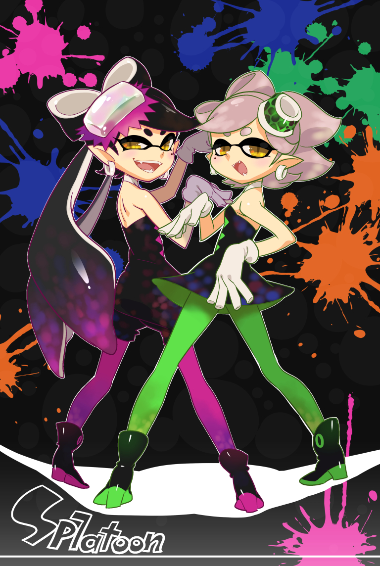 2girls, black_hair, boots, brown_eyes, callie_(splatoon), commentary, copyright_name, detached_collar